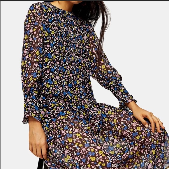 Topshop Floral Pintuck Chuck On Midi Dress sz 2 - Picture 2 of 15
